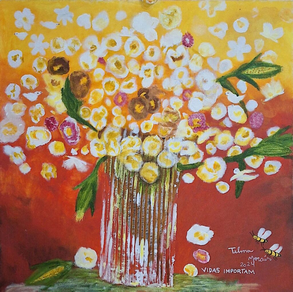 1 -  "Ora pipocas" Acrílico s/tela 50 X 40 cm Num momento de descontração, surge a obra ora pipocas. Na qual a artista traz uma relação divertida entre pipocas e flores, relacionado cheiros e aparências. Um verdadeiro convite á uma degustação com os olhos.